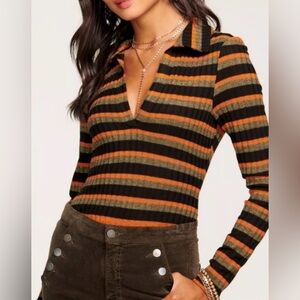 Ramy Brook Black/Orange Estelle Striped Long Sleeve Bodysuit Contemporary Small